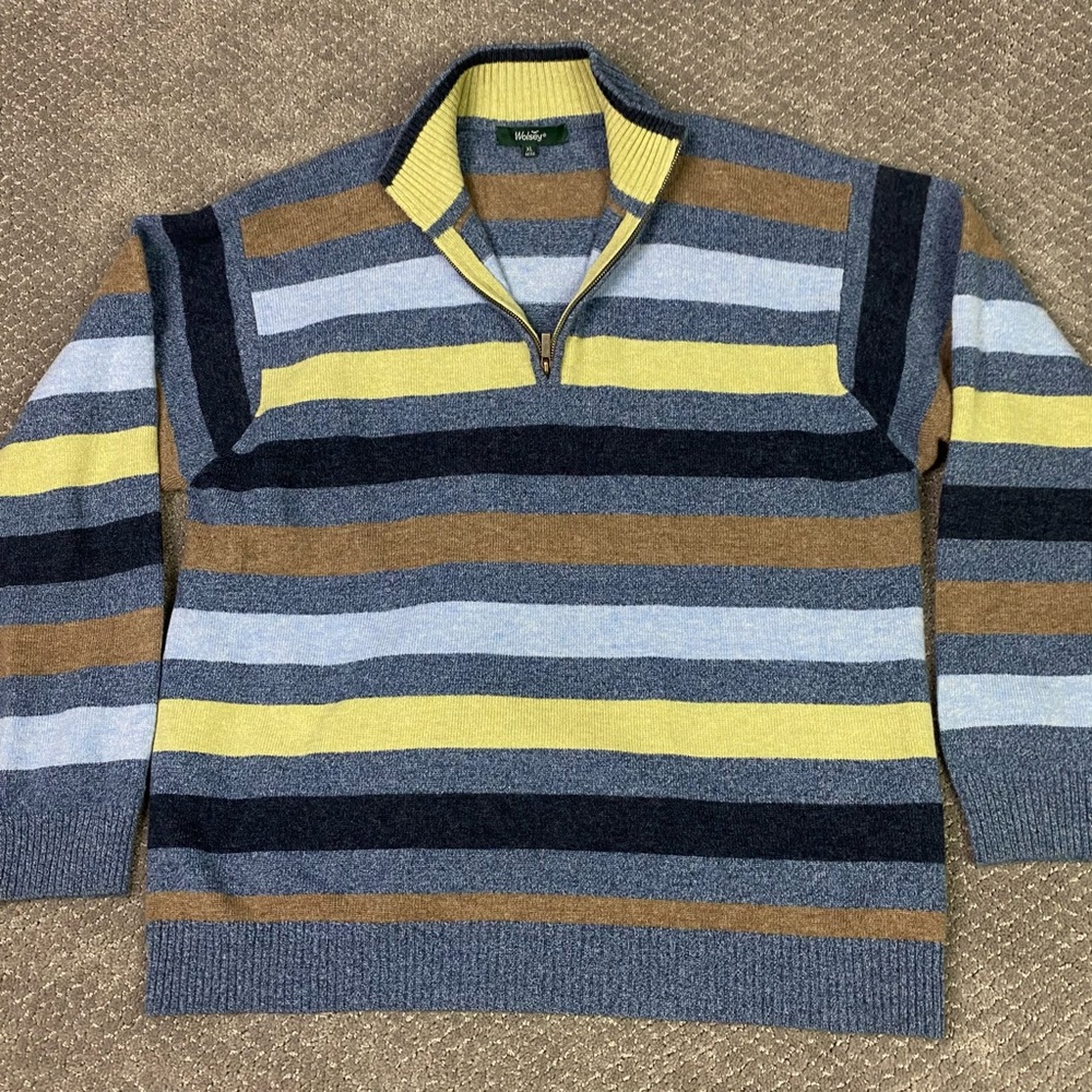 Wolsey Sweater Men's XL Blue Brown Yellow Stripe Wool 1/4 Zip Pullover Jumper